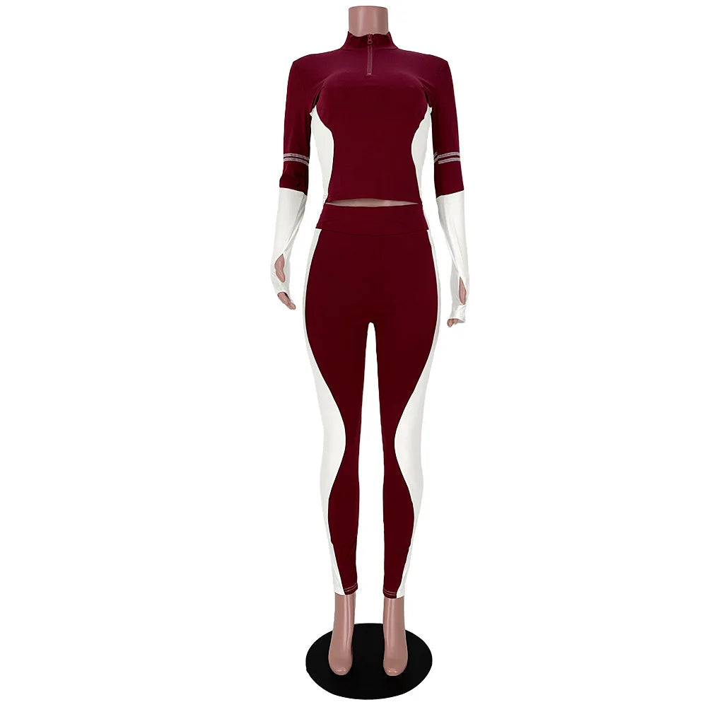Y2K Color Matching Women'S Set Sweatsuit Two Piece Outfits Ladies' Standing Collar Sports Suit Slim Fit Long Sleeved Long Pants Badiee Stylez