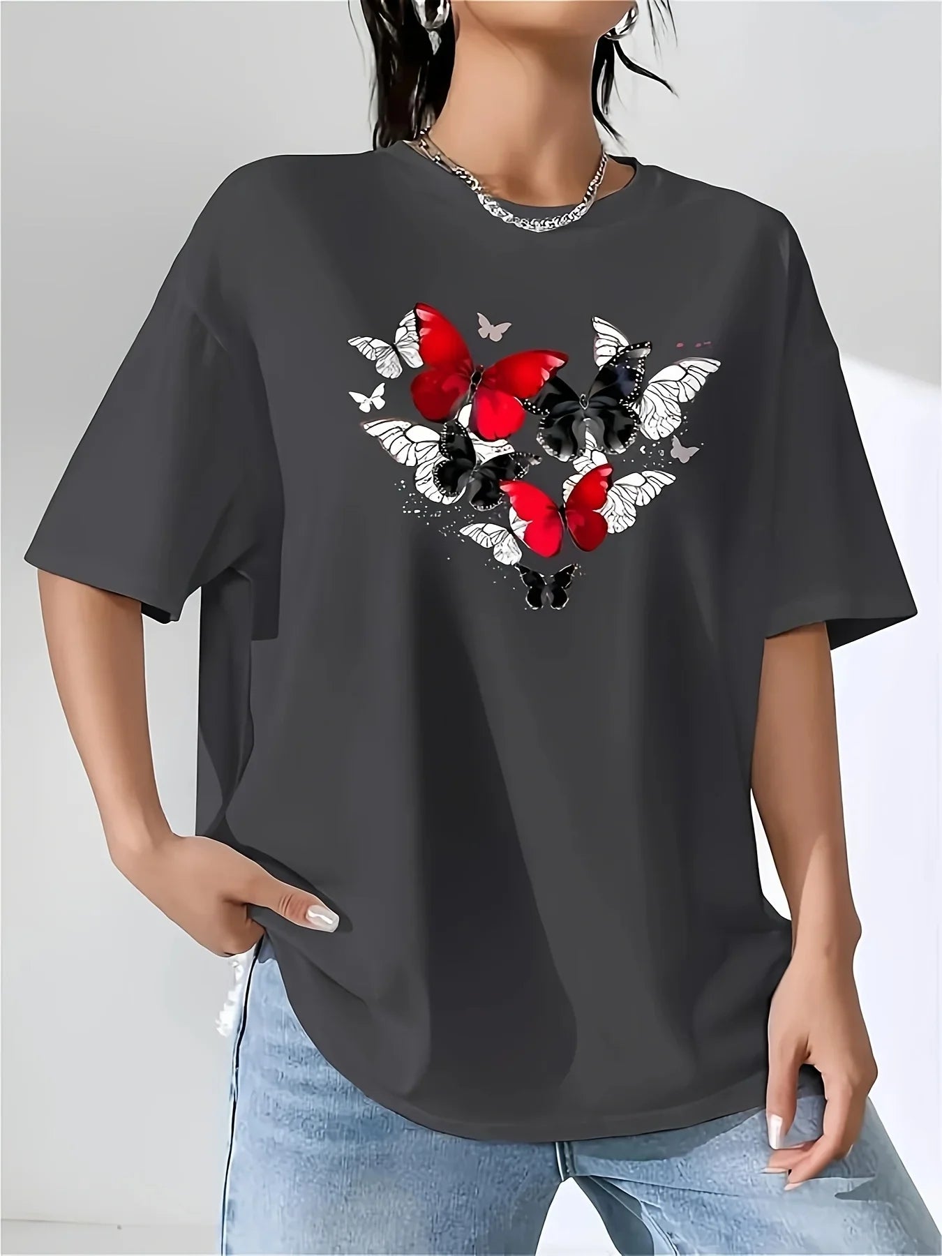 Women's Red Butterfly Heart Print T-Shirt Short Sleeve Round Neck Casual Top for Spring Summer & All-Season Wear Badiee Stylez