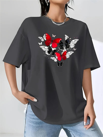 Women's Red Butterfly Heart Print T-Shirt Short Sleeve Round Neck Casual Top for Spring Summer & All-Season Wear Badiee Stylez