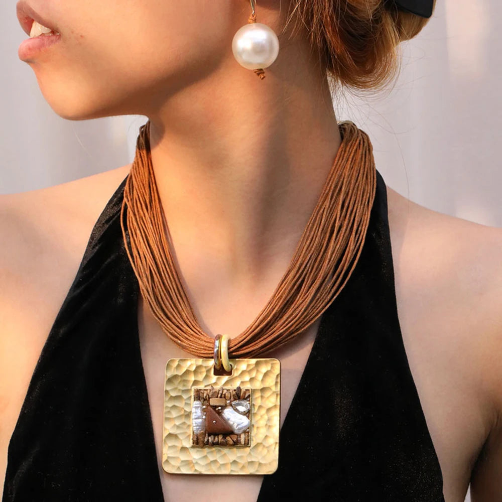 Statement Vintage Necklace with Square Pendant for Women Girl Trendy Wedding Party Jewelry