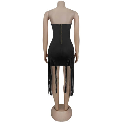 RLMABABY Sexy Strapless Tassel Bodycon Mini Dress Women Gown Slim Backless Sleeveless Metal Buckle Club Party Sheath Short Dress
