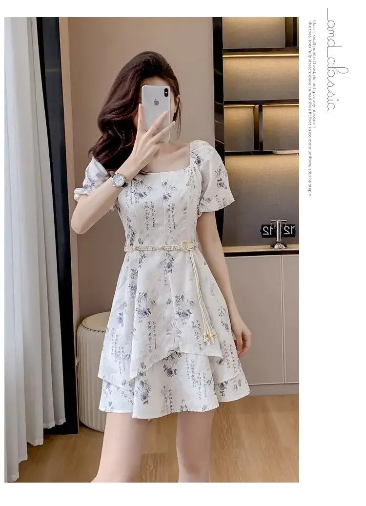 Square Neck Short-sleeved Women 2025 Summer New Chinese Puff Short-sleeved Retro Waist-hugging A-line Dress