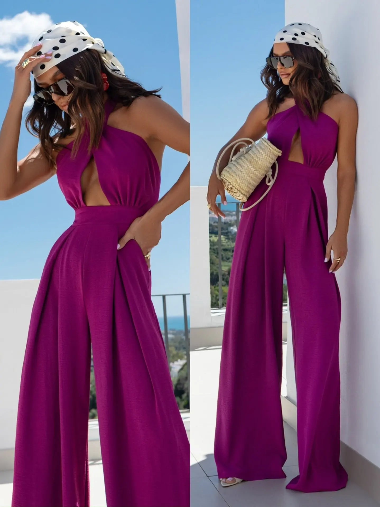 Sexy Solid Sleeveless Jumpsuit Spring Summer Fashion Commuter Women's Elegant Lapel Halter Neck Folds Wide Leg Trousers Jumpsuit Badiee Stylez