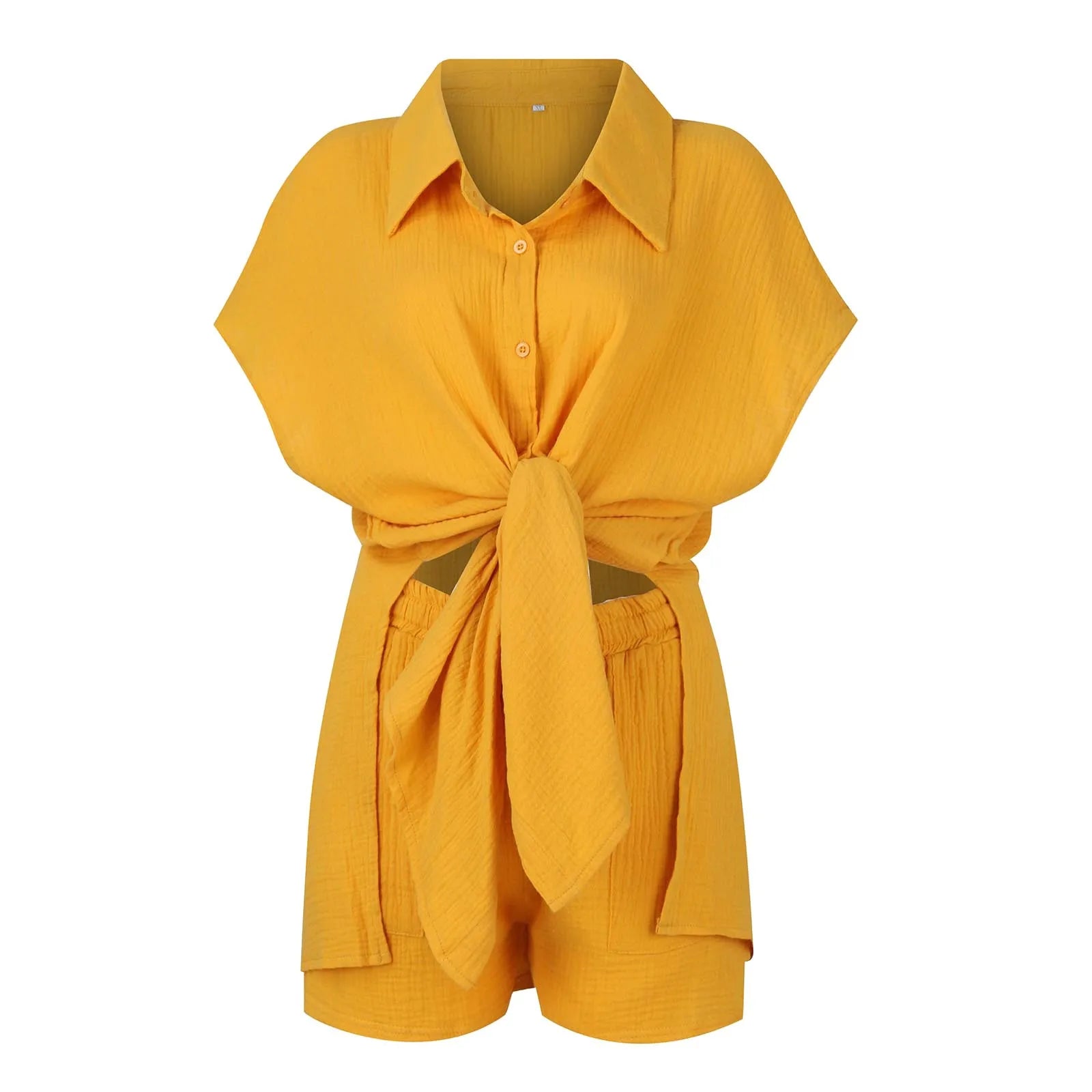 Summer cotton and linen solid color shirt short sleeved casual shorts set yellow