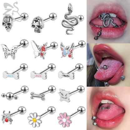 ZS 1 Piece 14G Stainless Steel Tongue Piercing Ring Colorful Butterfly Bone Tongues Stud Punk Skull Snake Body Piercings Jewelry