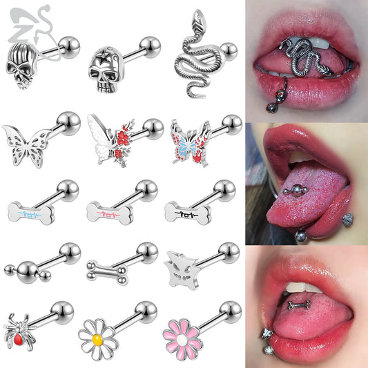 ZS 1 Piece 14G Stainless Steel Tongue Piercing Ring Colorful Butterfly Bone Tongues Stud Punk Skull Snake Body Piercings Jewelry