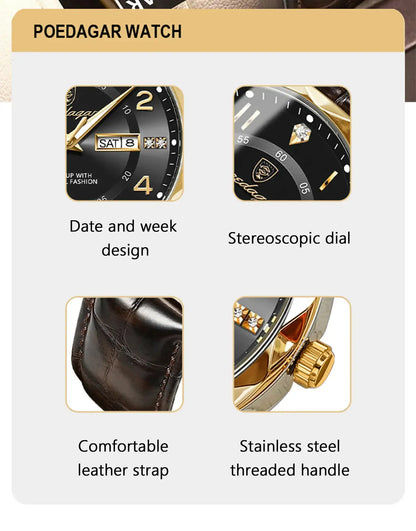 POEDAGAR Luxury High Quality Watches for Men Sport Quartz Leather Man Watch Waterproof Luminous Date Week Men's Watch Male Reloj