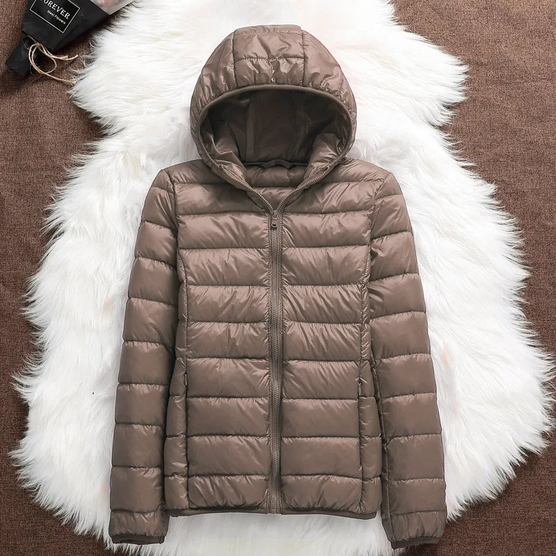 Plus Size 2023 Autumn and Winter New Women Lightweight Puffer Jacket Female Hooded Slim-fit White Duck Down Warm Short Coats Khaki