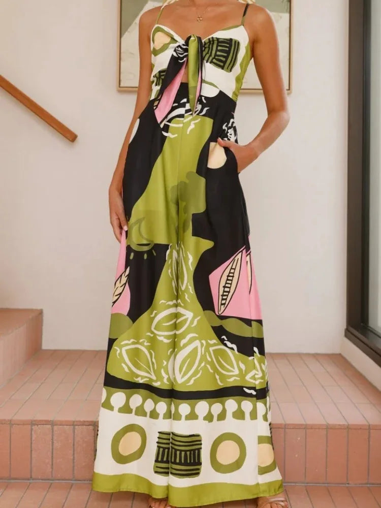 Jumpsuits for Woman Summer New Elegant Print Sleeveless Sling Tie A Knot Jumpsuits Fashionable Casual Loose Wide Leg Jumpsuit Green