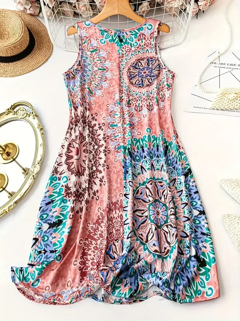 plus Size Printed Casual V-Neck Geometric Pattern Sleeveless Dress for Women