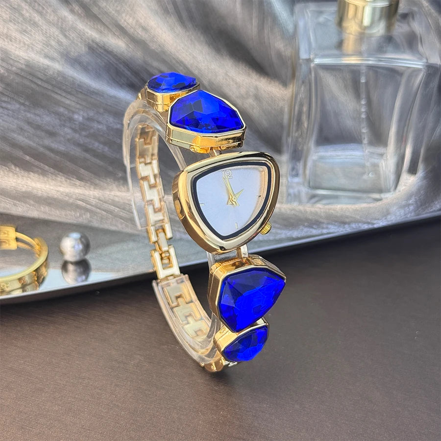 Women's irregular shape large sparkling special-shaped rhinestone simple sun pattern dial Fashion trend avant-garde quarts watch Blue