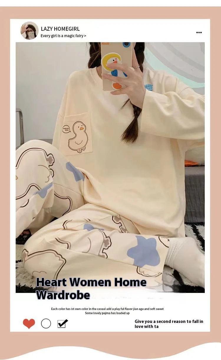 Spring and Autumn New Women's Thin Section Pajamas Homewear Suit Girls Summer Long-Sleeved Homewear Plus Size Cartoon Loose Suit