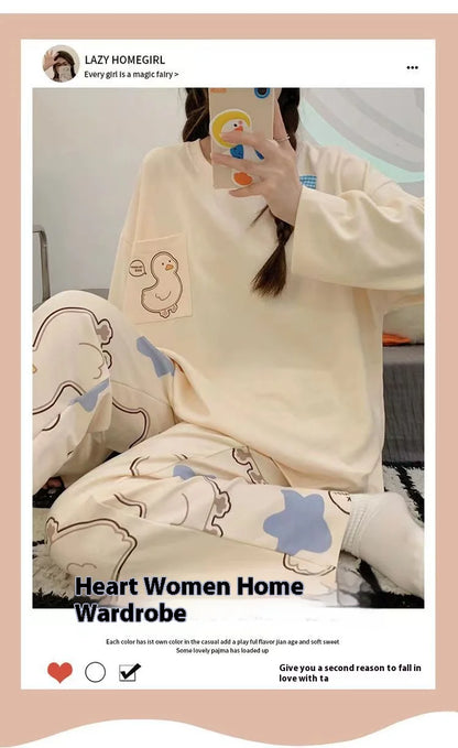 Spring and Autumn New Women's Thin Section Pajamas Homewear Suit Girls Summer Long-Sleeved Homewear Plus Size Cartoon Loose Suit