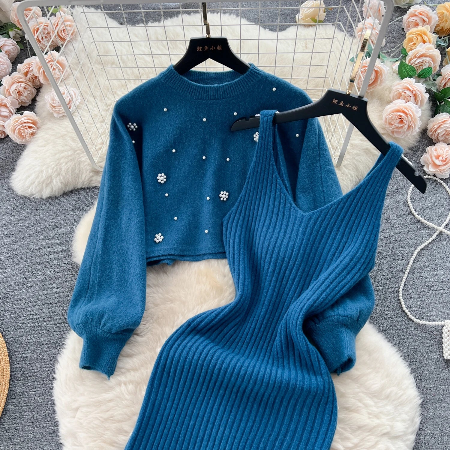 SINGREINY Beading Casual Two Piece Set Women Long Sleeve O Neck Pullover Midi Dress Fashion 2023 Winter Sweater Suit Dresses Badiee Stylez