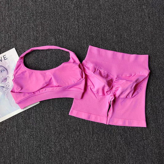 2 Pieces Yoga Suit for Women Seamless Fitness Gym Clothes Halter Sports Bra Matching Impact Shorts Workout Sets Gym Outfit