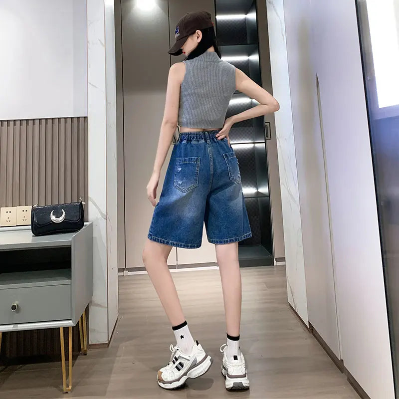 Plus Size Denim Shorts For Women 2024 Summer Wide Leg Loose Blue Jeans Shorts High Elastic Waist Half Length Casual Denim Shorts