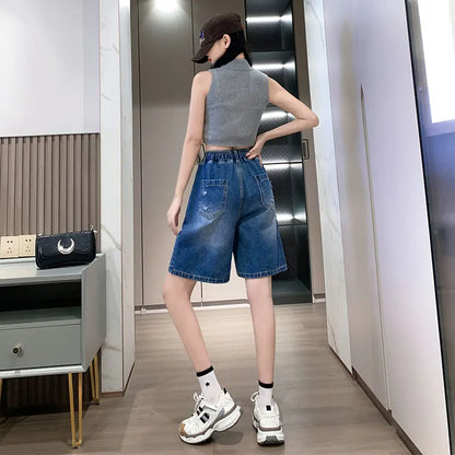 Plus Size Denim Shorts For Women 2024 Summer Wide Leg Loose Blue Jeans Shorts High Elastic Waist Half Length Casual Denim Shorts