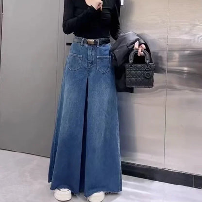 Retro Loose Super Wide-leg Jeans Women's 2024 Spring New Design Rough Edge Culottes Drape Floor Pants Women's Clothing Simple