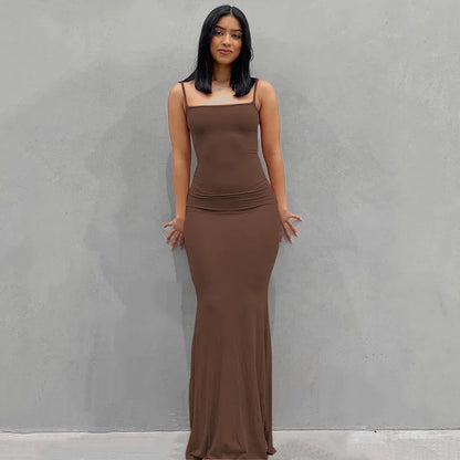 Europe and the United States cross-border foreign trade women 2024 solid color sexy slim high step slip dress brown
