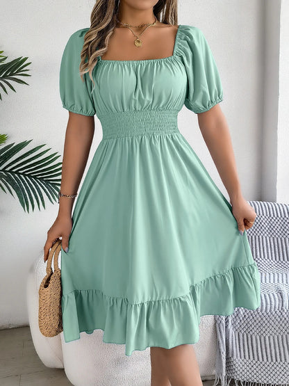 Spring and Summer Elegant High Waisted Dress Square Neck Short Sleeved Ruffled Edge Long Dresses for Women Badiee Stylez