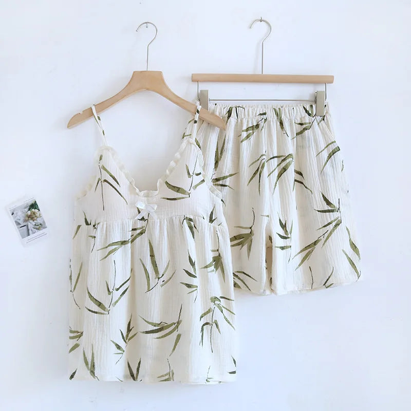 2025 Summer New Women's Two Piece Set of 100% Pure Cotton Crepe Cloth with Chest Cushion Sleepwear Sweet and Cute Home Fury 01