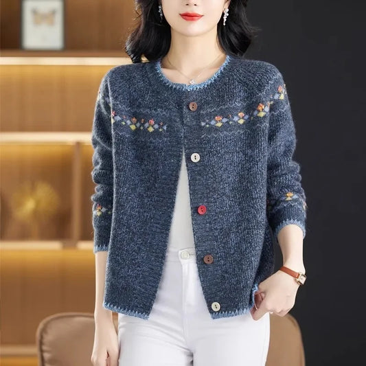 2024 New Sweater Coat Ladies Retro Jacquard Knitwear Cardigan Jacket Early Spring Autumn Western-Style Outerwear Loose Women Top blue
