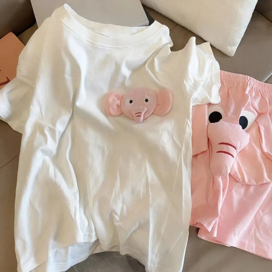Cartoon 3D Ears Elephant Trunk Pajamas Nose Loose Short Sleeve Sleepwear Funny Couple Pajamas Suit Gifts
