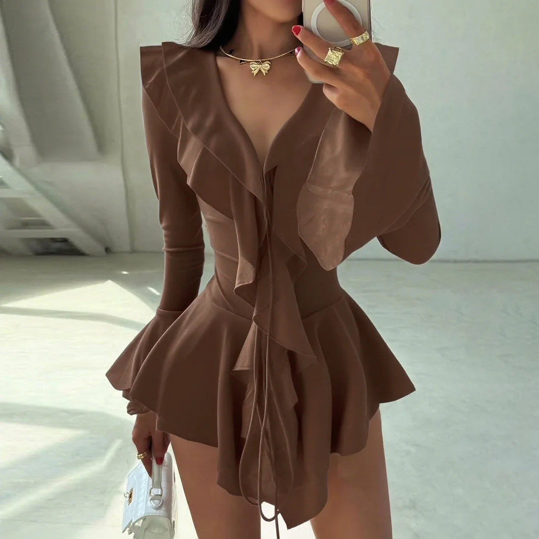 2025 New Autumn Irregular Hem Dress Women Y2K Flare Sleeve V-Neck Bandage Stretch Elegant Birthday Party Chic Hipster Bodycon Badiee Stylez