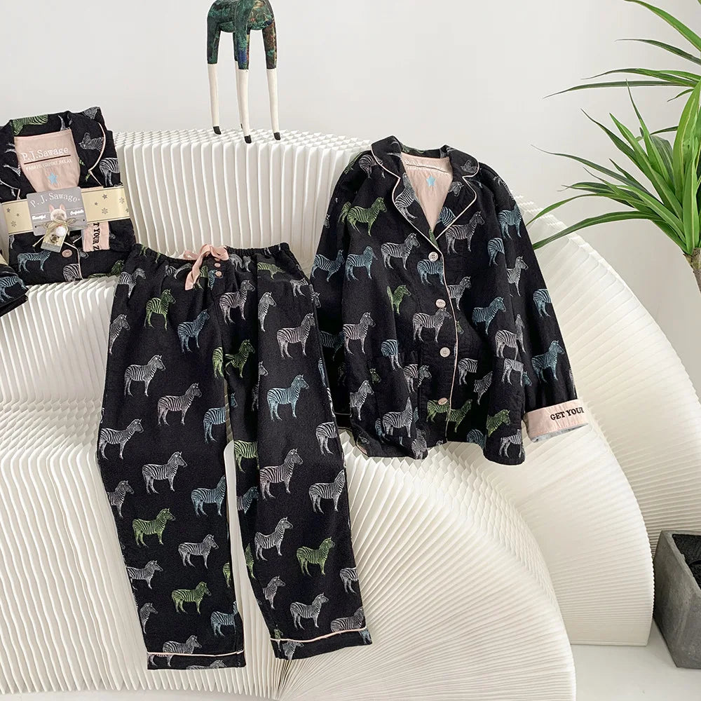 Women's Winter Pyjama Suit Print Long Sleeve Turn Down Collar Female Clothes 100% Cotton Single Breasted Sleepwear for Female
