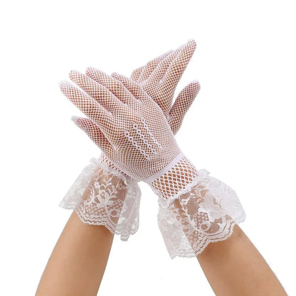 Girls Lolita Lace Hollow Out Gloves Women Ceremony Etiquette Mesh Thin Mittens Gothic Punk Sexy Glove Black White Soft Elastic