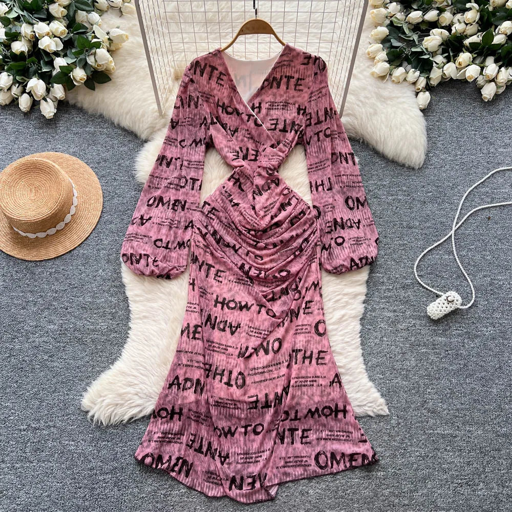 Chic vintage long sleeve Criss-Cross print pleated Elegant Fairy korean fashion dress women clothing Long dress Pink One Size