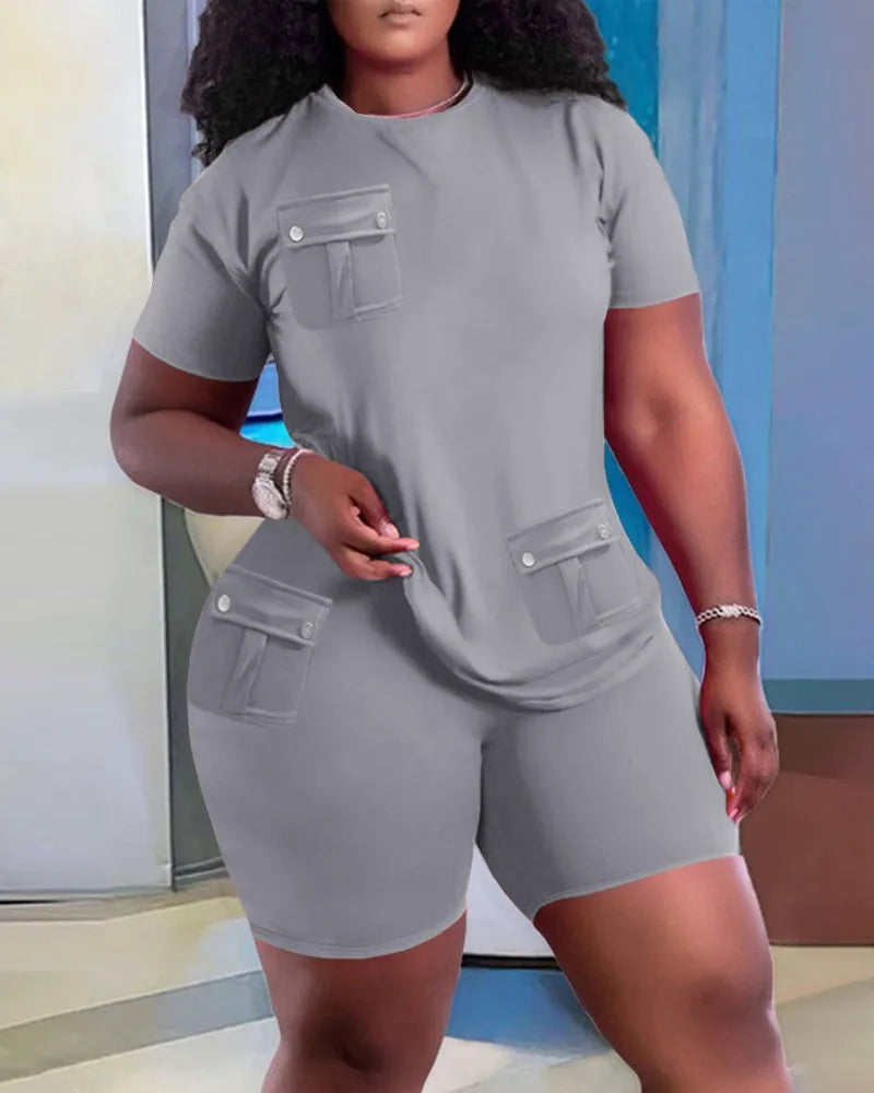 Women Two Piece Shorts Sets Solid Round Neck T Shirts Pockets Elastic Waist Short Trousers Suits Leisure Ladies 2025 Summer