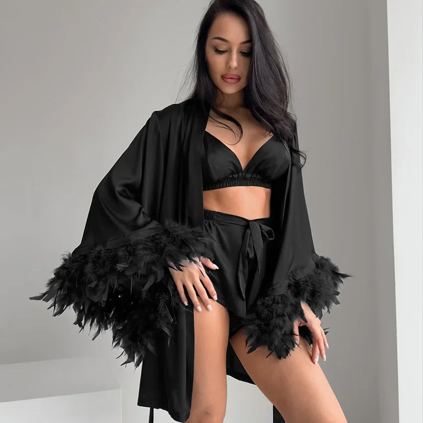 Shorts Nightgown Three-piece Set, Imitation Silk, Loungewear, Feather Pajamas Black