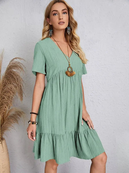 Women Elegant Short Sleeve V Neck Ruffles Dress Summer Casual Solid Loose Mini Dress Chic Bohemian Sundress Beach Party Vestidos Badiee Stylez