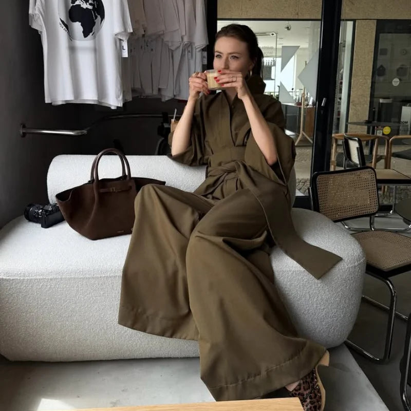 Linen Lace Up Women's Jumpsuit High V-neck Full Sleeve Top Loose Straight-leg Pants 2025 Summer Chic Female Casual Streetwear