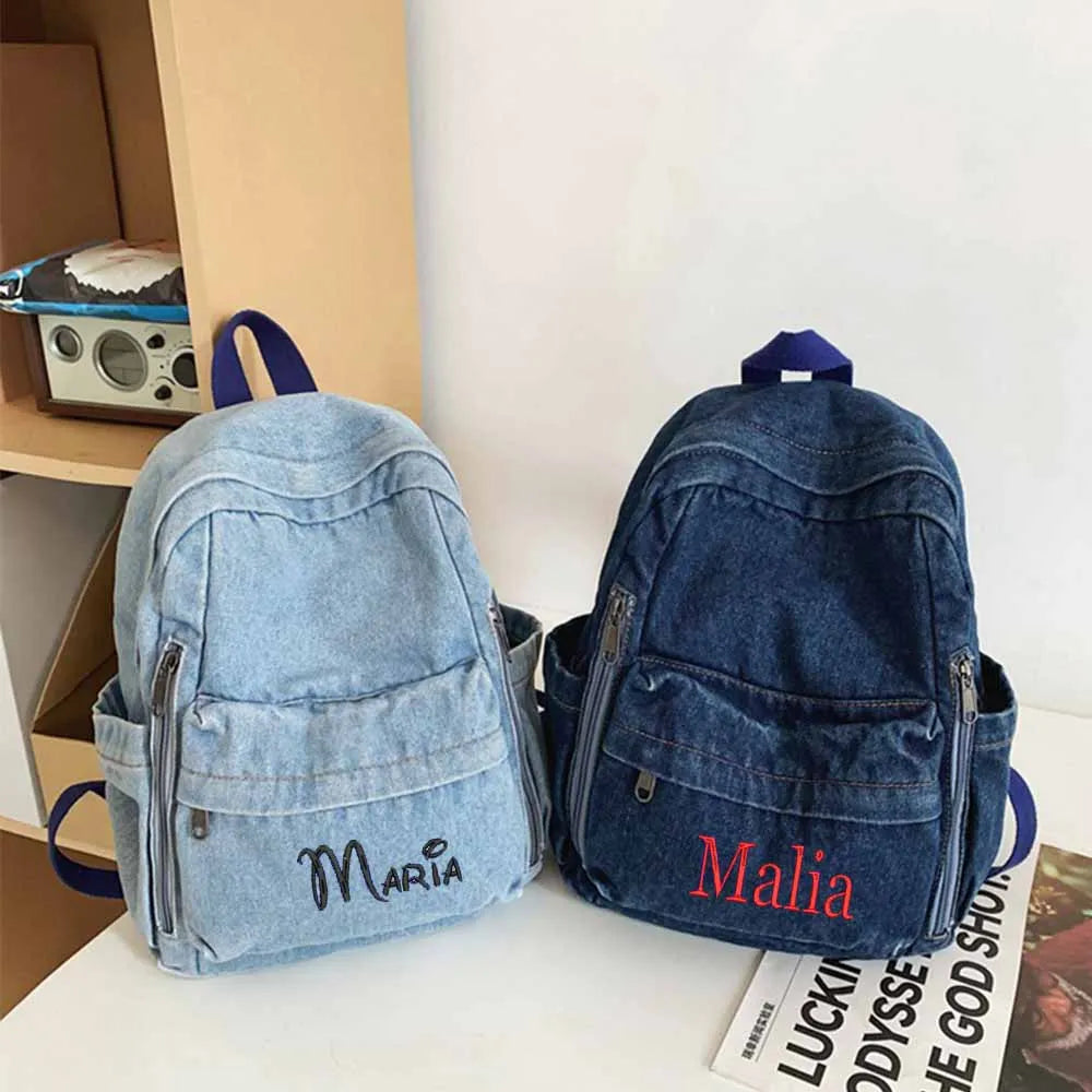 Large Capacity Denim Backpack Custom Embroidered Name Boys Girls Travel Backpack Personalized Daily Rucksack with Any Names