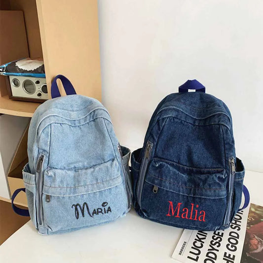 Large Capacity Denim Backpack Custom Embroidered Name Boys Girls Travel Backpack Personalized Daily Rucksack with Any Names
