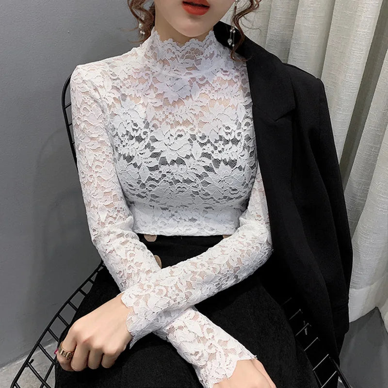 Autumn Women Thin Black Lace T shirt Sexy Turtleneck Long Sleeve Slim Lace Crochet Patchwork Tee Tops WDC6074 white