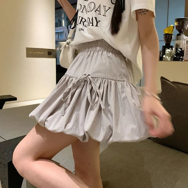 Sweet Bowknot A Line Skirts for Women 2025 Korean Style Pleated Cake Short Skirts Woman Summer Solid Color High Waist Mini Skirt