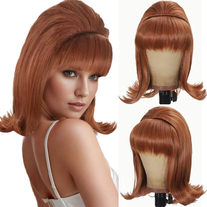 Synthetic A 14-inch black vintage period women's short straight wig with flat bangs is perfect for everyday holiday parties Light brown 14inches 1pc