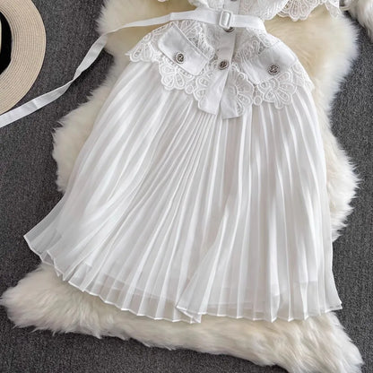 Summer Elegant Crochet Lace Patchwork Chiffon Pleated Dress Women's Short Sleeve Hollow Out Flower Buttons Belt Runway Vestidos