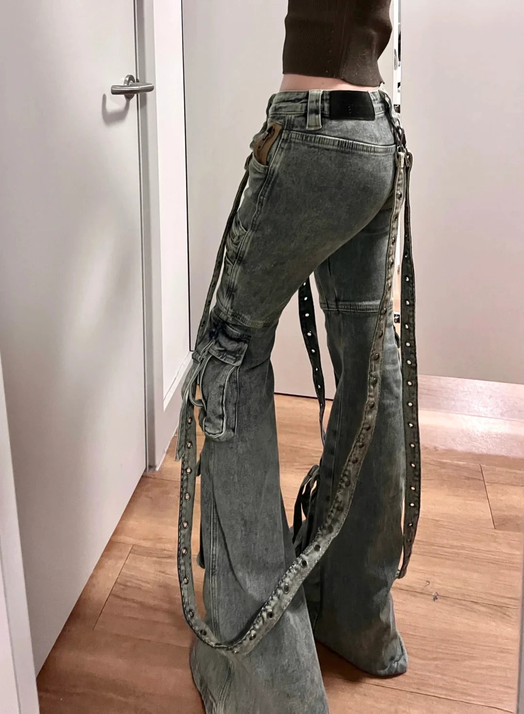 Women Abi Harajuku Y2K Streetwear Pantalones Low Rise Denim Goblin Core Flare Cargo Pants Jean Bell-Bottom Japanese Long Trouser