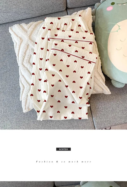 Spring and Autumn New Women's Pajamas Homewear Set Girls Gentle Wind Love Cardigan Pajamas Wrinkled Cloth Homewear Long-Sleeved