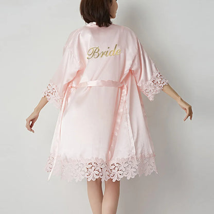Wedding Embroidery Bride Bridesmaid Kimono Dresses Lace Gown Sexy Women Robes Home Gown Bathrobe Short Night Shirts Sleepwear1PC Bride pink
