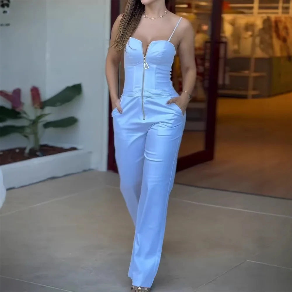 Women's Fashionable High-waist Jumpsuit Office Sexy Zipper Jumpsuit Summer Casual Commuting Solid Color Long Suspender Jumpsuit Badiee Stylez