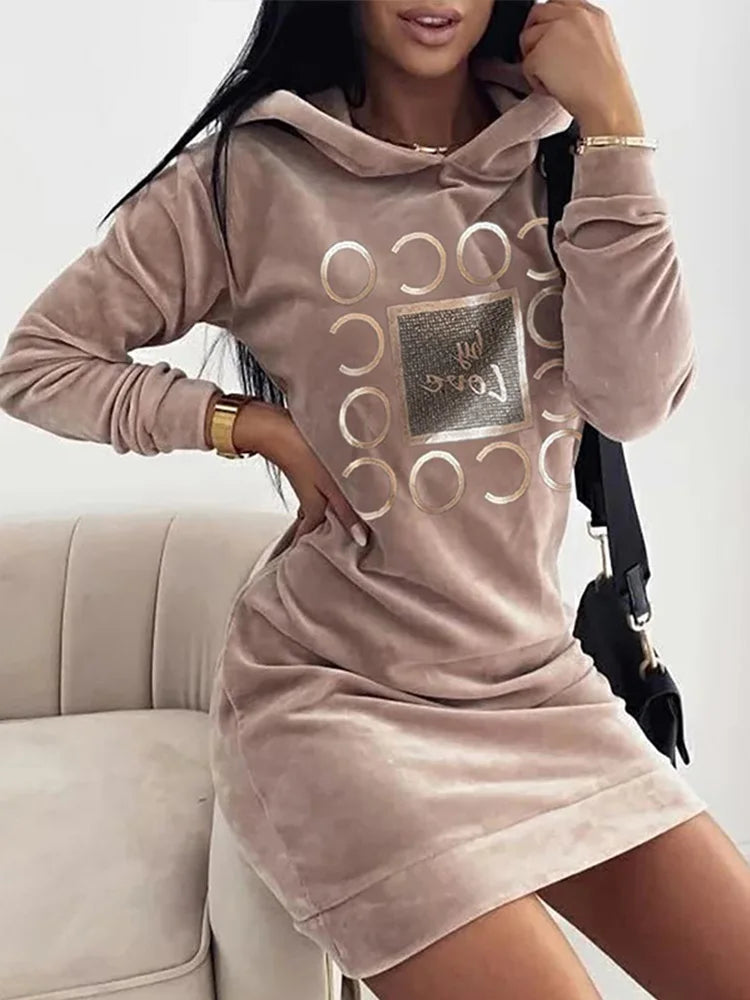 Women Long Sweater Dresses LOVE Print Hooded Loose High Collar Sweatshirts Long Sleeve Pullover Fall Winter Y2K Street Style Top Badiee Stylez