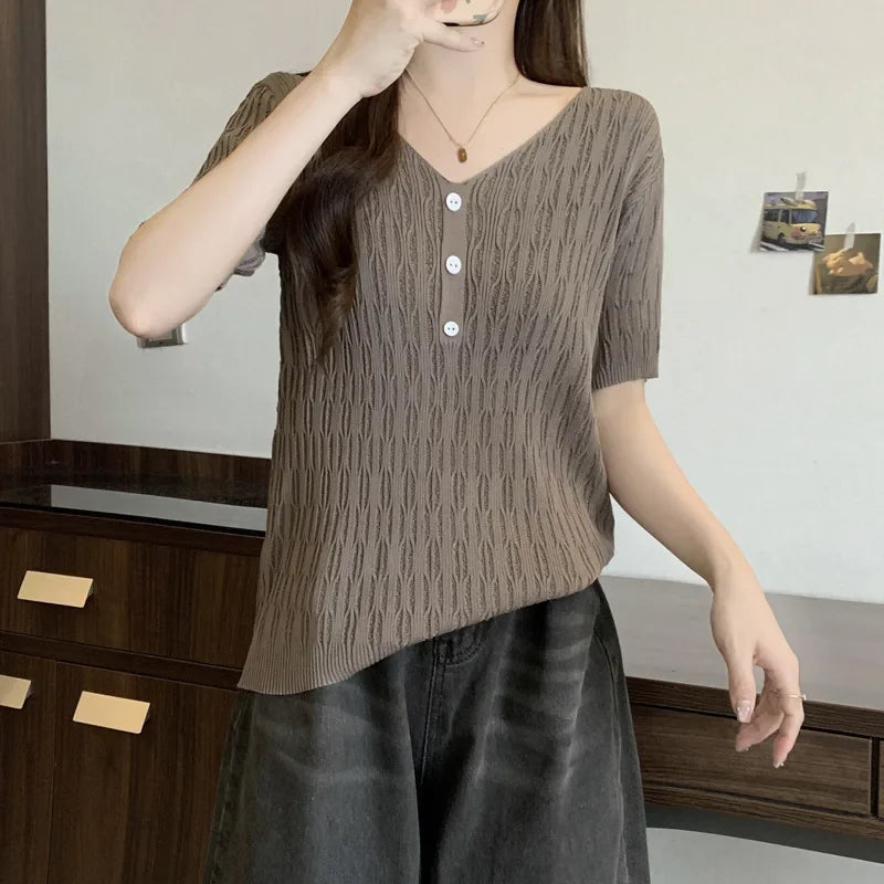 Plus Size Women's Summer New Style Slim Fit Knitted Top Belly Covering T-Shirt for Plump Sister V-Neck Big Code Sweater