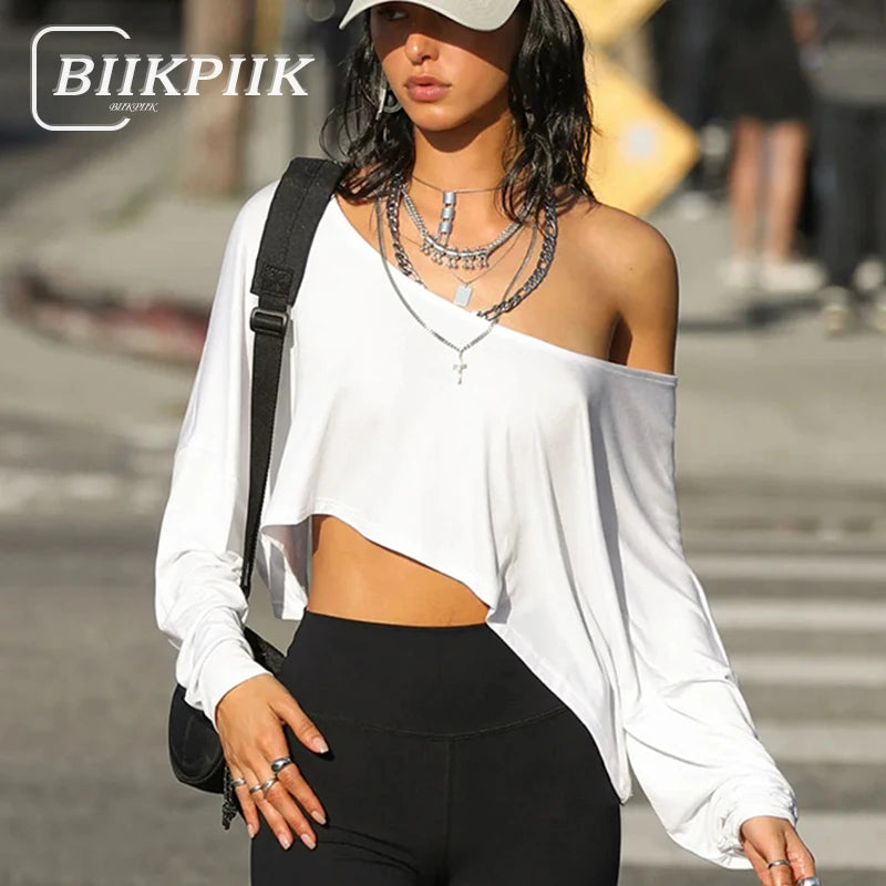 BIIKPIIK Casual Off Shoulder Solid Knitted Tops Concise Skew Collar Long Sleeve Autumn Tees For Women Sporty Irregular T-shirts White