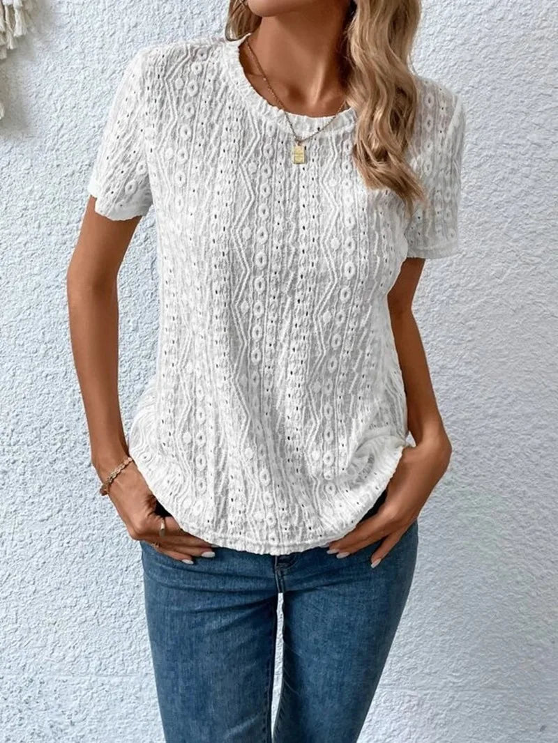 Summer Solid Short Sleeve Hollow Out Casual Shirt Women Fashion White Tops Blouse Sexys Mujer Blusas Elegantes Finas Para Mujer