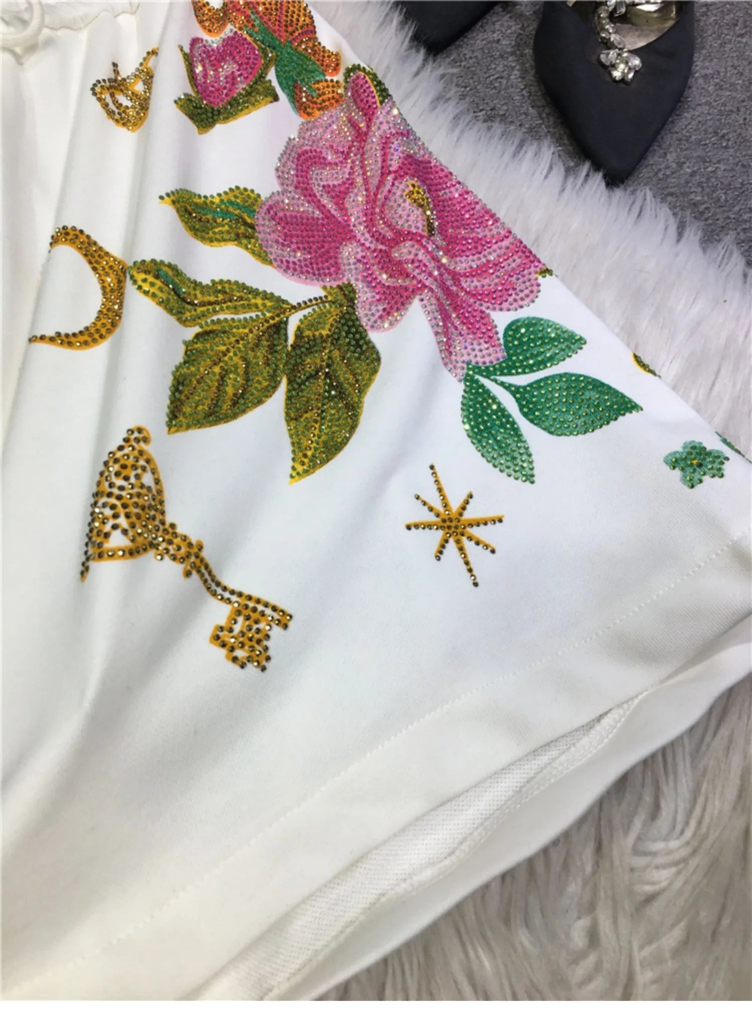 Oversized rhinestone diamond high-waisted black adjustable waist wide leg slacks Women's shorts